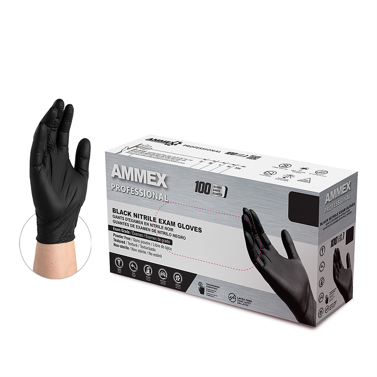 Ammex Black Nitrile PF Exam Gloves, Large