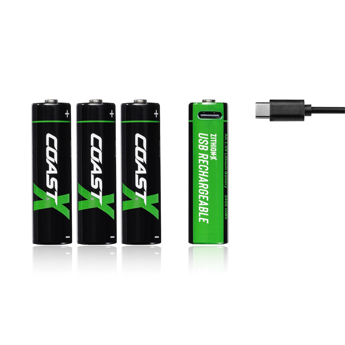 COAST Zithion-X AA Rechargeable Lithium-Ion Batteries with USB-C Port (1.5V, 2400mAh, 4-Pack)