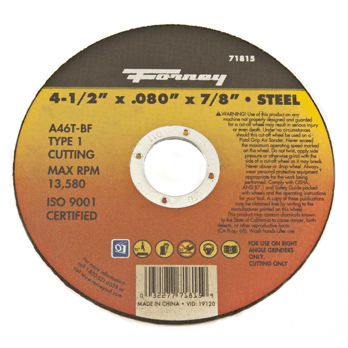 Forney Industries Cut-Off Wheel, Metal, Type 1, 4-1/2 in x .080 in x 7/8 in