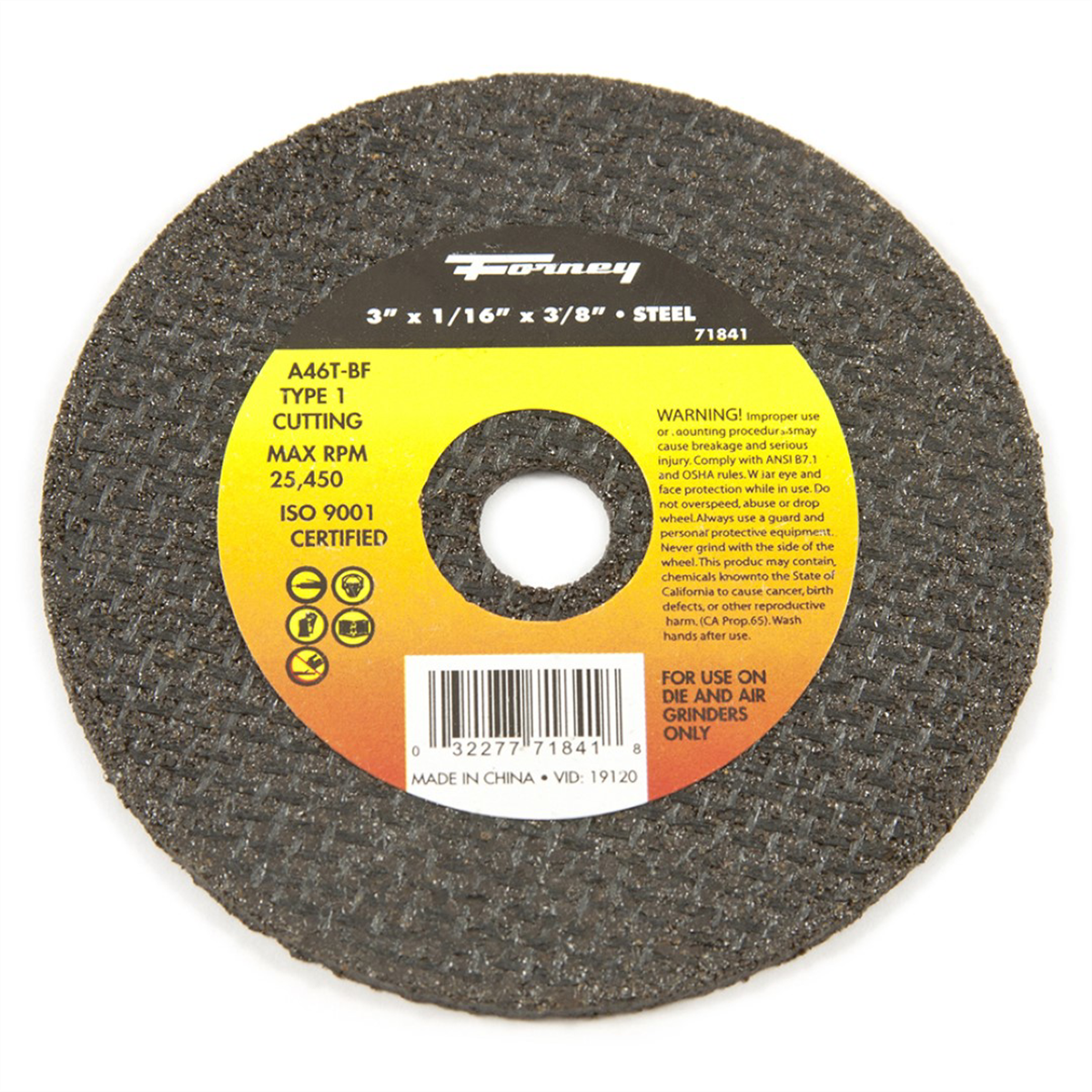 Forney Industries Cut-Off Wheel, Metal, Type 1, 3 in x 1/16 in x 3/8 in