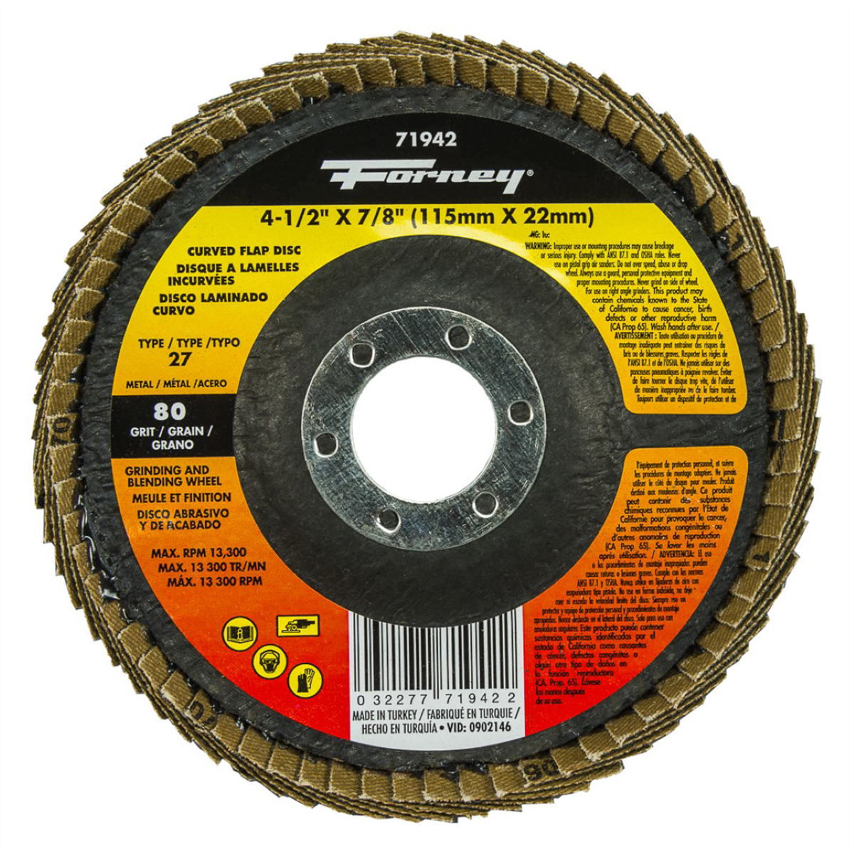 Forney Industries Curved Edge Flap Disc, 4-1/2 in x 7/8 in, 80 Grit