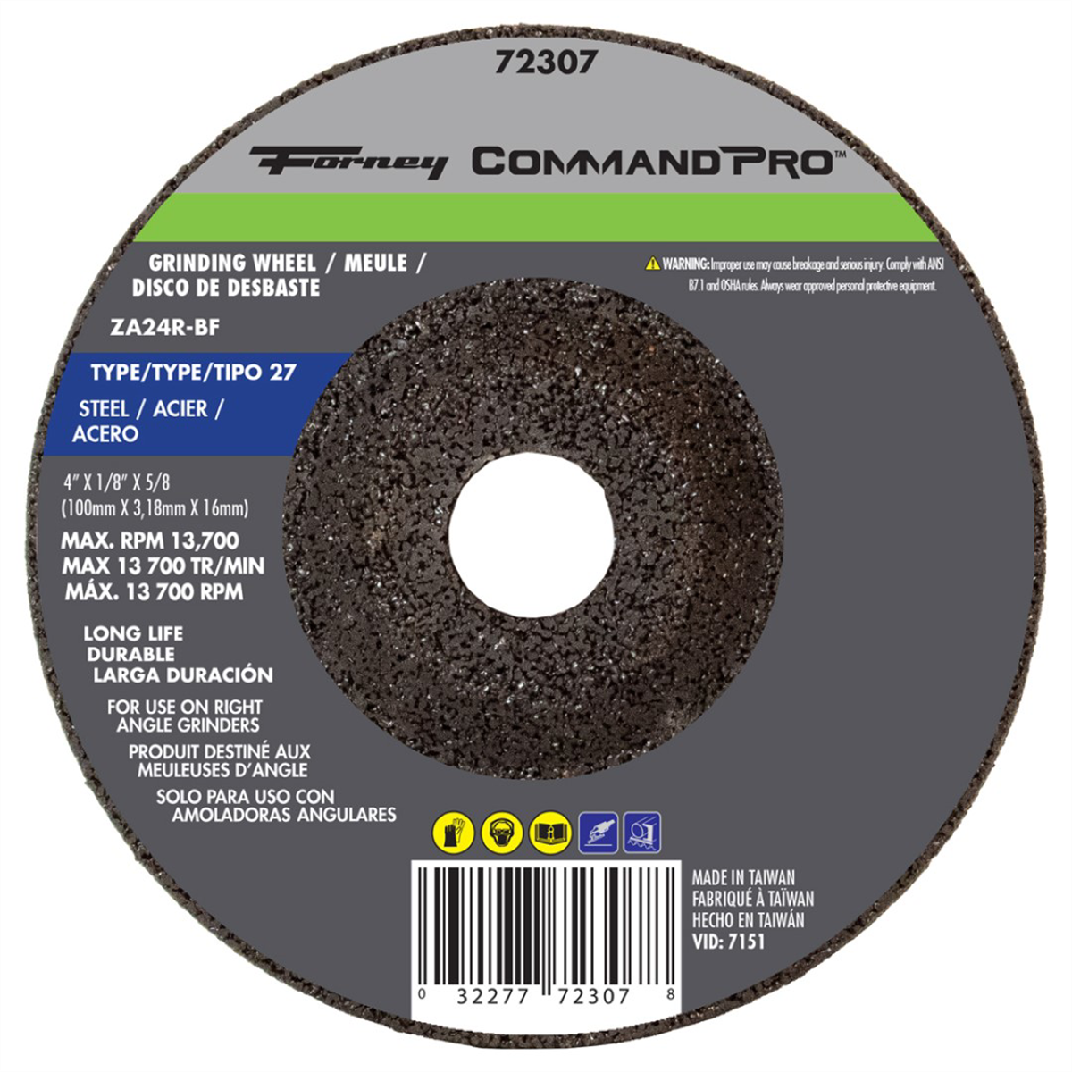 Forney Industries Grinding Wheel, Metal, Type 27, 4 in x 1/4 in x 5/8 in