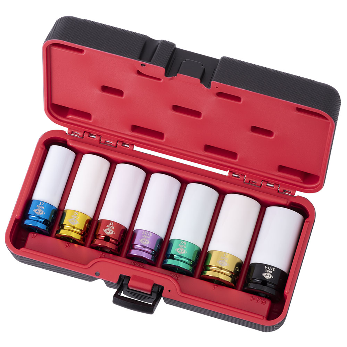 American Forge & Foundry Mag Wheel Protective Deep Impact Socket Set - 1/2" Drive - 7 Pc - 17mm,19mm (3/4"),21mm,13/16",22mm (7/8"),1",1-1/16"