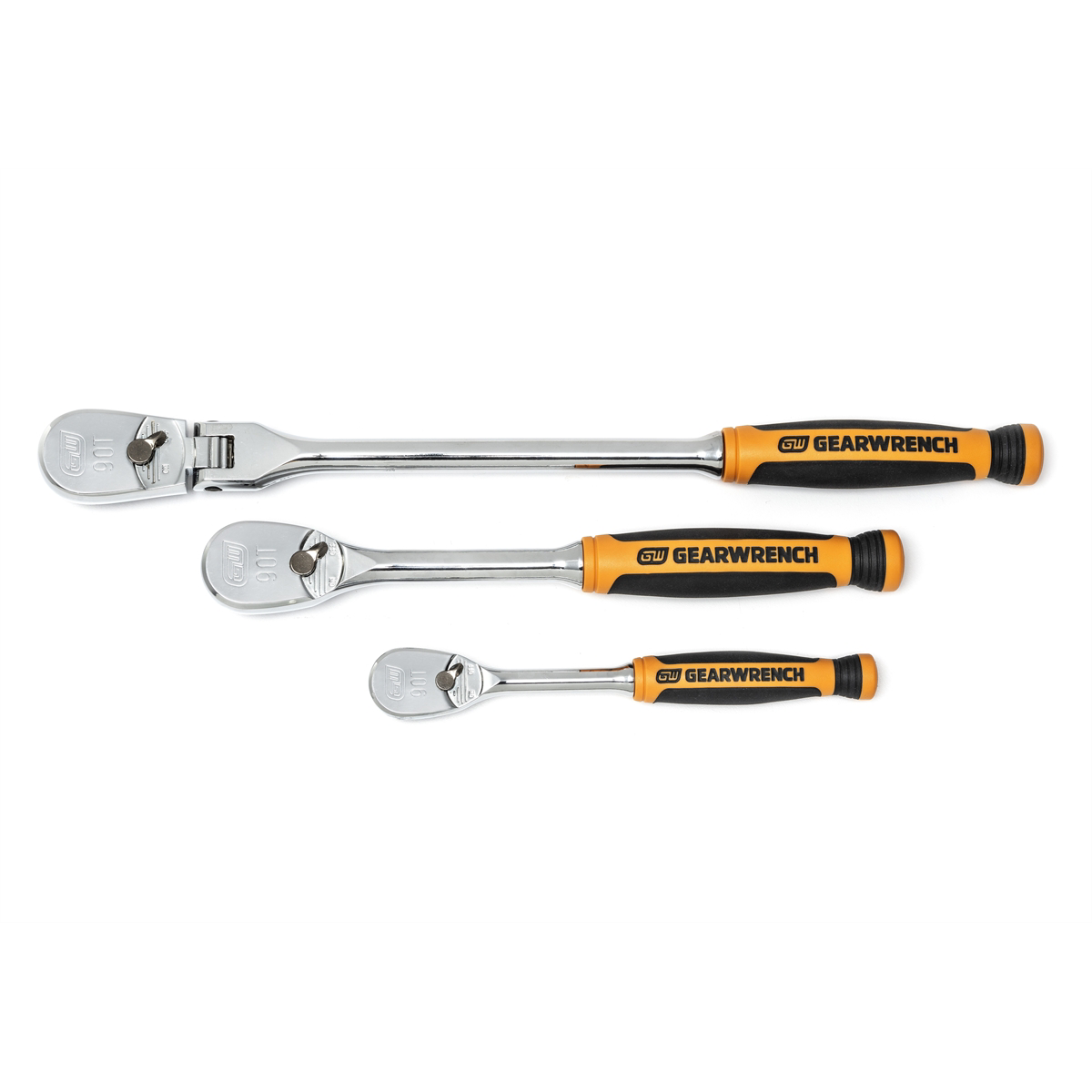 GearWrench 3 Piece 1/4 Inch & 3/8 Inch Drive 90-Tooth Dual Material Teardrop Ratchet Set