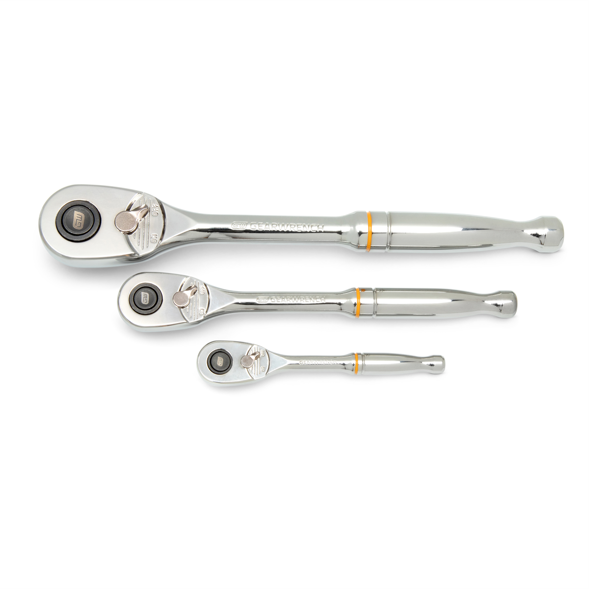 GearWrench 3 Pc. 1/4 Inch, 3/8 Inch and 1/2 Inch Drive 90-Tooth Quick Release Teardrop Ratchet Set
