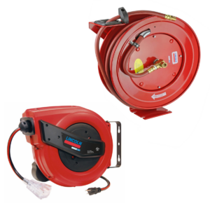 Lincoln Lubrication 83753 50 Foot Air and Water Retractable Hose Reel and 91039 60 Foot Retractable Electric Power Cord Reel Bundle - Heavy Duty Shop Reels for Garage, Workshop, Industrial