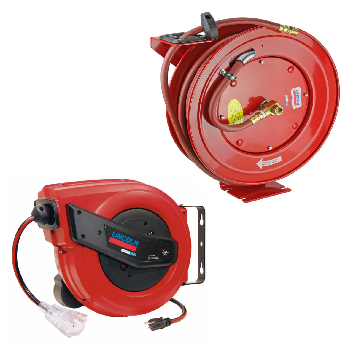 Lincoln Lubrication 83753 50 Foot Air and Water Retractable Hose Reel and 91039 60 Foot Retractable Electric Power Cord Reel Bundle - Heavy Duty Shop Reels for Garage, Workshop, Industrial