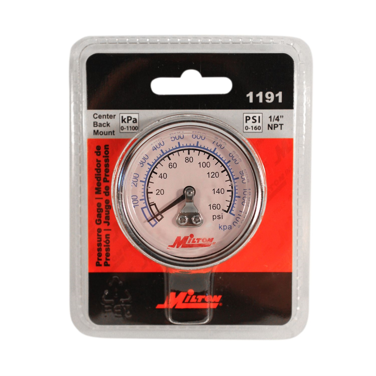 Milton Industries Gage 1/4" NPT, 0-160 PSI - Center Mount