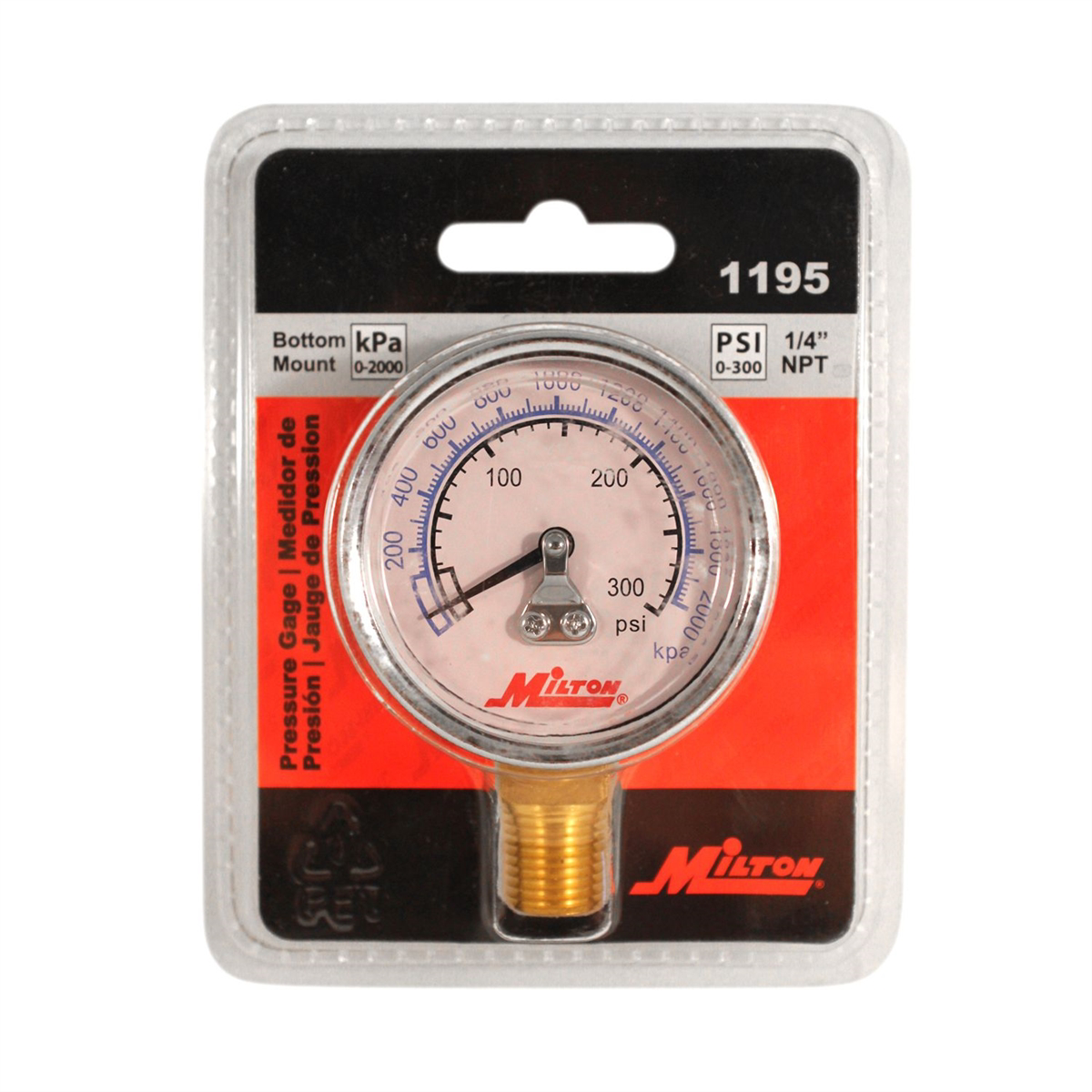 Milton Industries Gage 1/4" NPT, 0-300 PSI - Bottom Mount