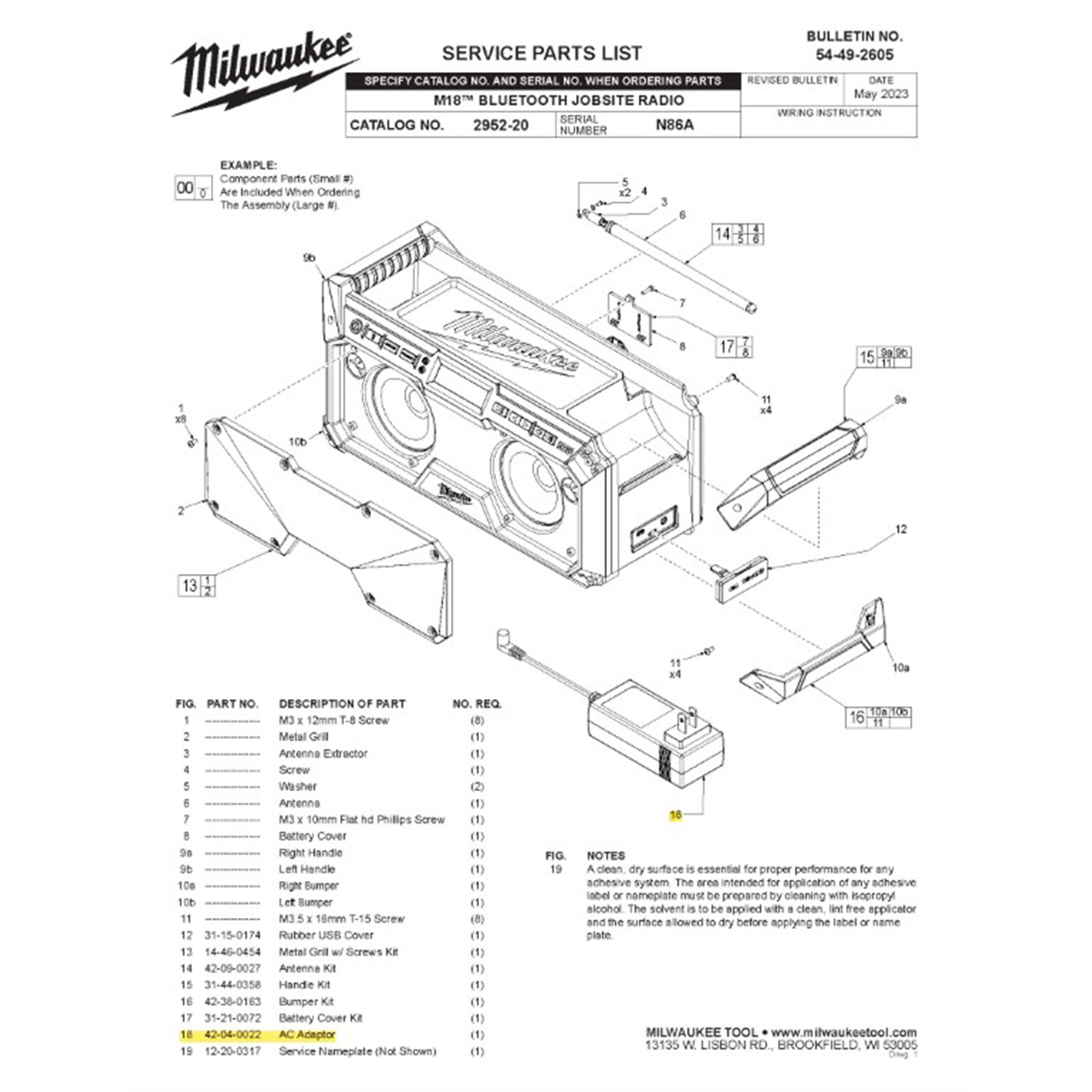 Milwaukee Tool AC Adapter for M18 Bluetooh Jobsite Radio MLW2952-20
