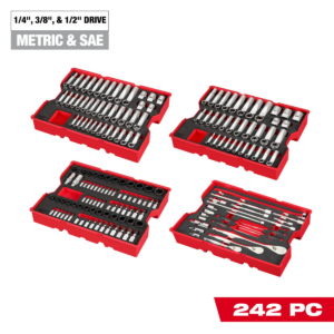 Milwaukee Tool 242 Piece 1/4 Inch, 3/8 Inch, and 1/2 Inch Drive Metric and SAE Ratchet and Socket Set with Trays for PACKOUT Drawers