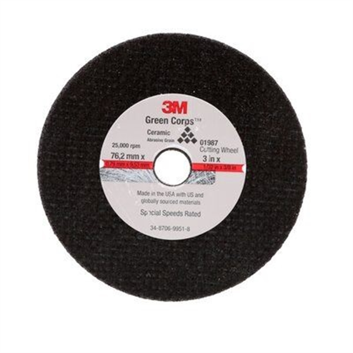 3M Cut-Off Wheel 01988, 3 in x 1/16 in x 3/8 in, 50Ea